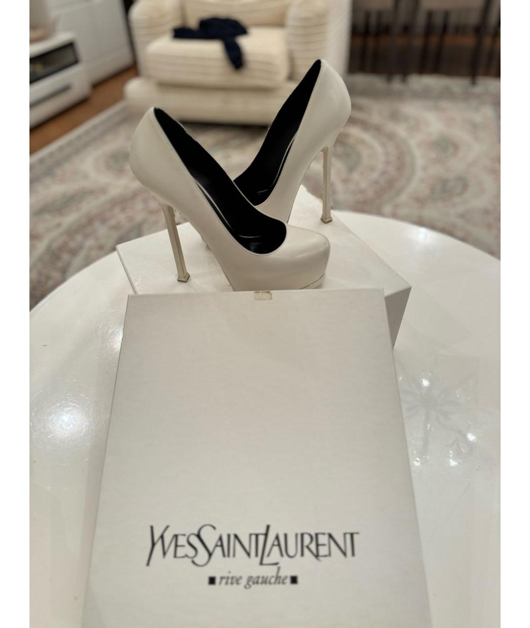 SAINT LAURENT Белые кожаные свадебные туфли на высоком каблуке, фото 4