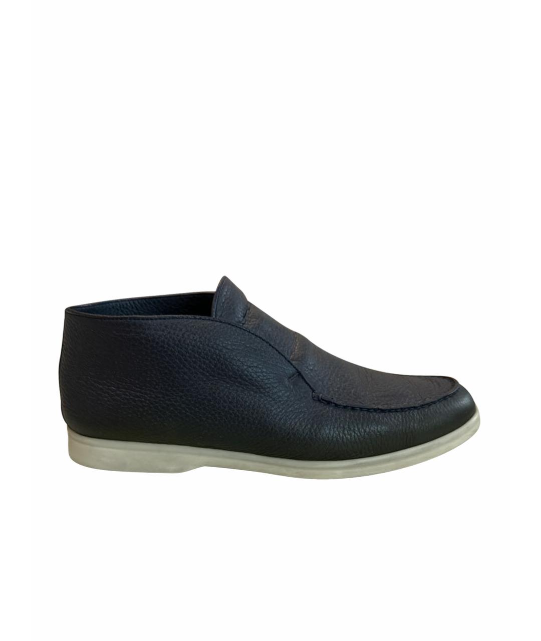 LORO PIANA Темно-синие кожаные низкие ботинки, фото 1