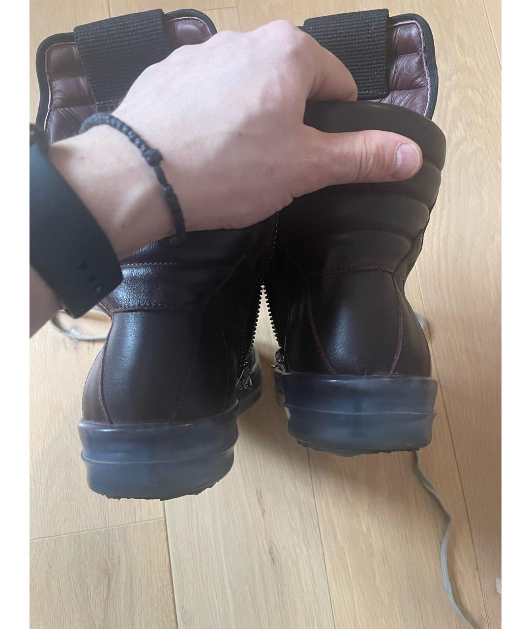 RICK OWENS Коричневые кожаные высокие кроссовки / кеды, фото 4
