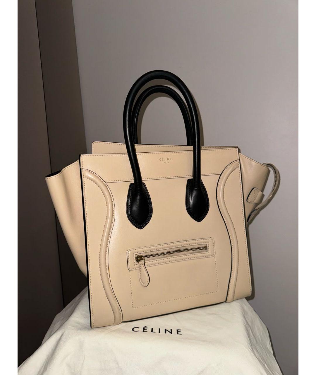 CELINE Бежевая кожаная сумка с короткими ручками, фото 3