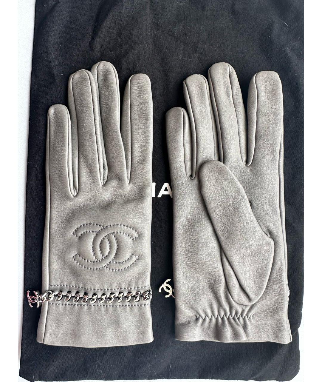 CHANEL PRE-OWNED Серые кожаные перчатки, фото 3