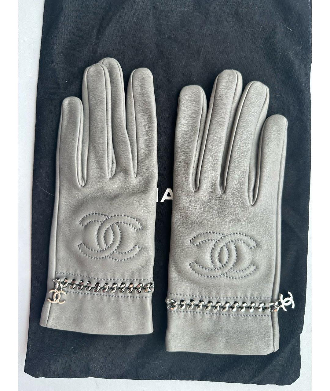 CHANEL PRE-OWNED Серые кожаные перчатки, фото 5