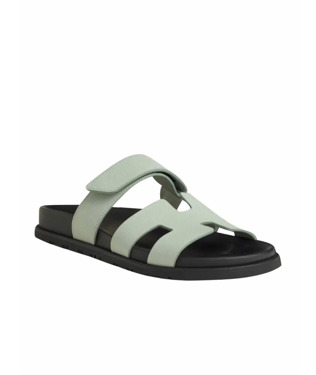 HERMES Бирюзовые кожаные сандалии, фото 1