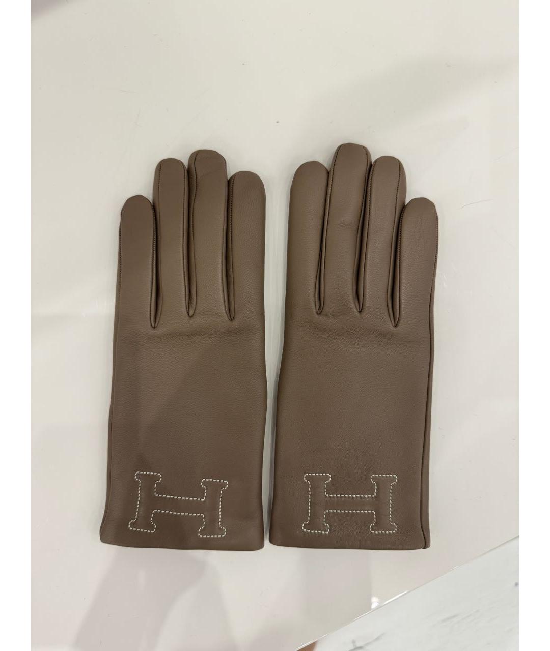 HERMES Бежевые кожаные перчатки, фото 5