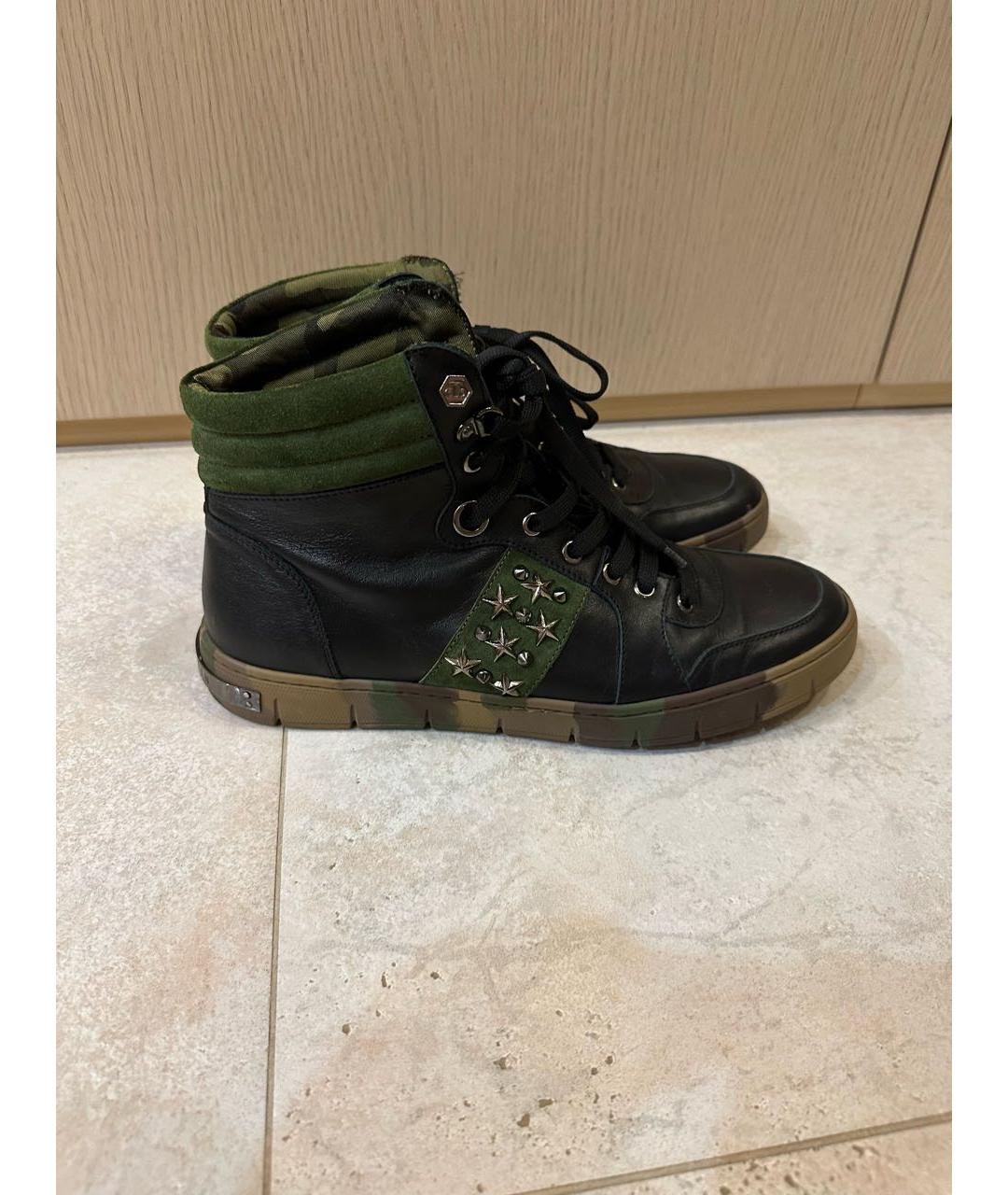 PHILIPP PLEIN Черные кожаные высокие кроссовки / кеды, фото 5