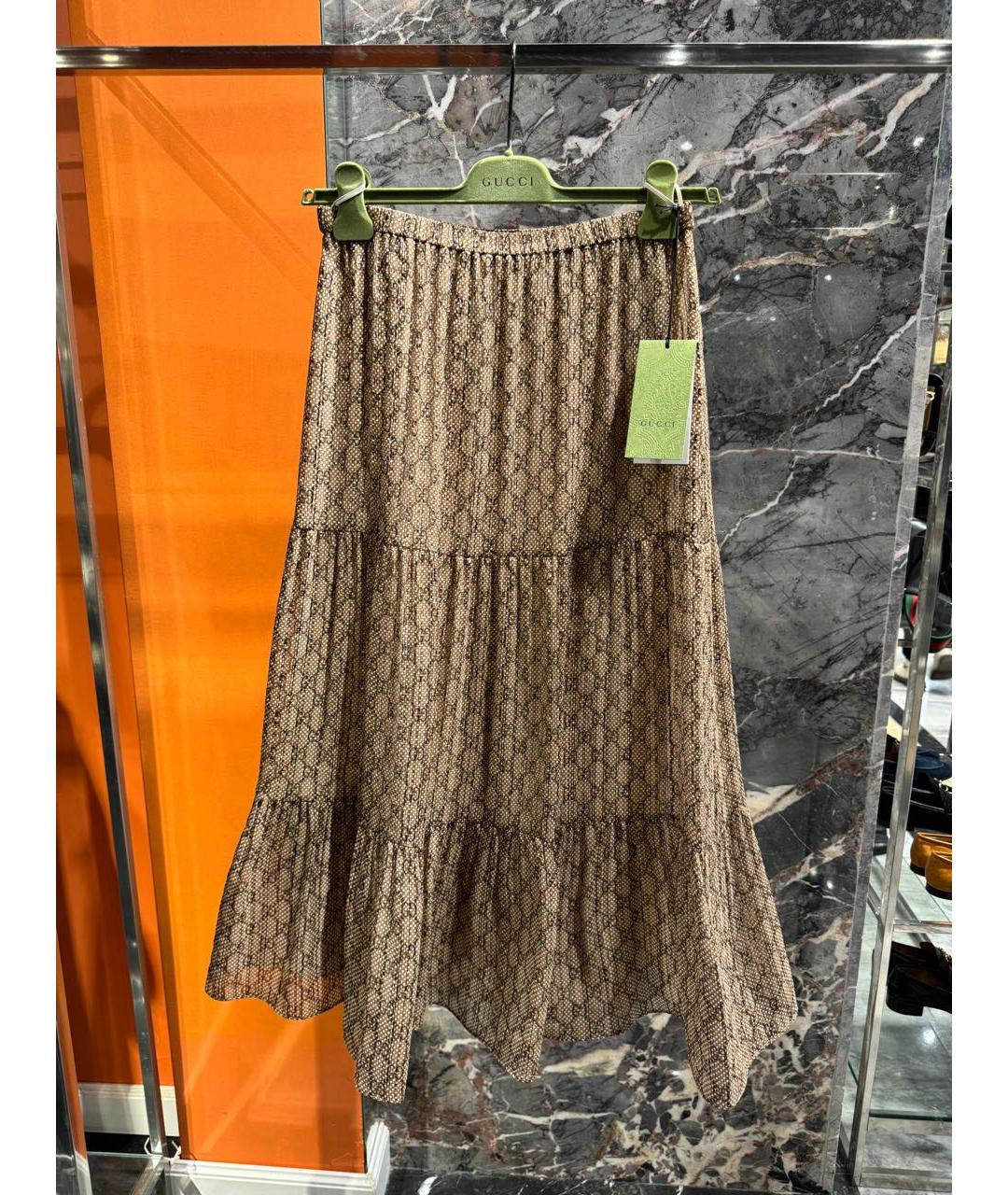 GUCCI Коричневая шелковая юбка макси, фото 3