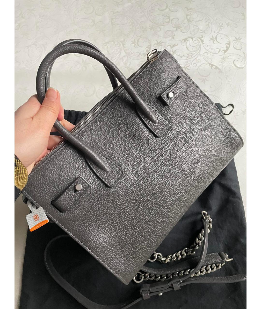 SAINT LAURENT Серая кожаная сумка с короткими ручками, фото 3
