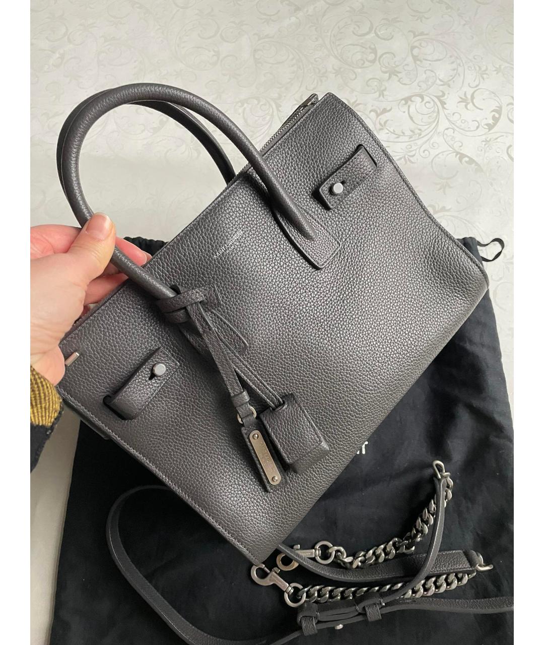 SAINT LAURENT Серая кожаная сумка с короткими ручками, фото 2