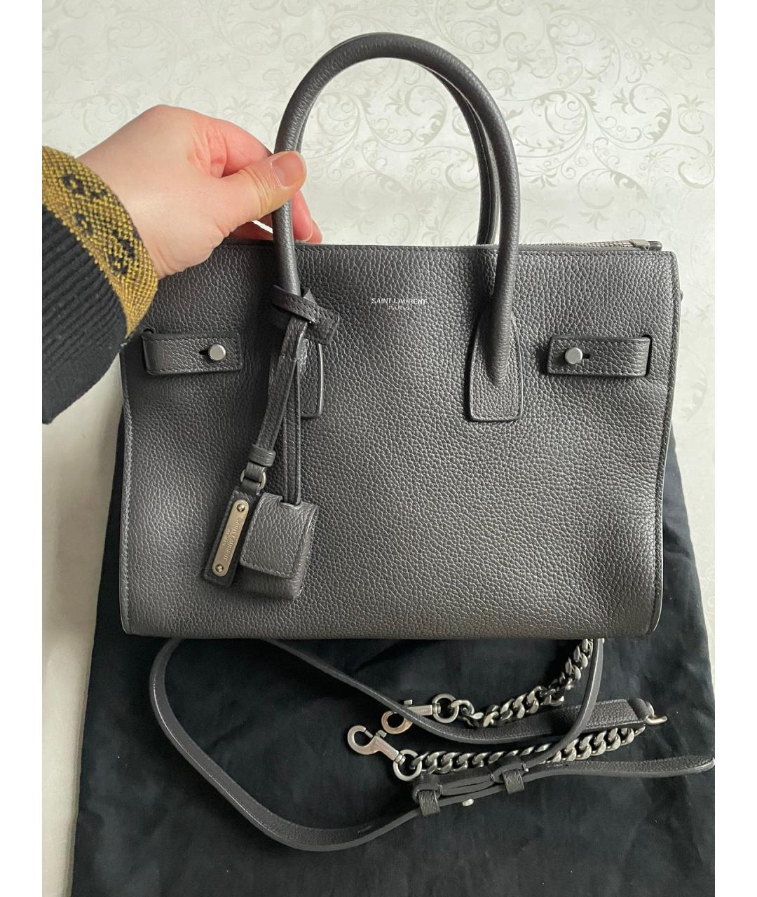 SAINT LAURENT Серая кожаная сумка с короткими ручками, фото 7