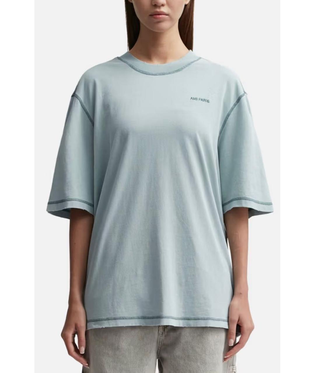 AMI Голубая хлопко-эластановая футболка, фото 7
