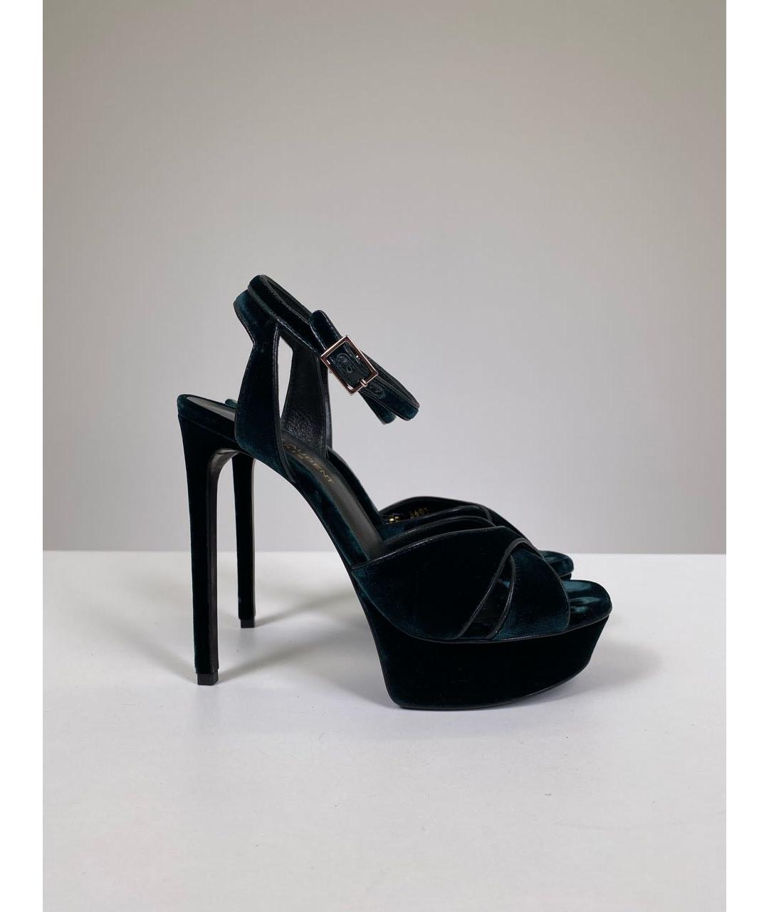 SAINT LAURENT Зеленые бархатные босоножки, фото 7