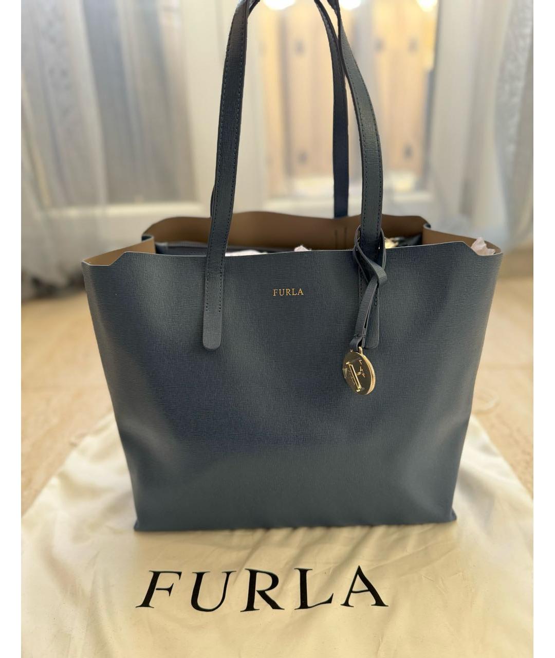 FURLA Темно-синяя кожаная сумка с короткими ручками, фото 7