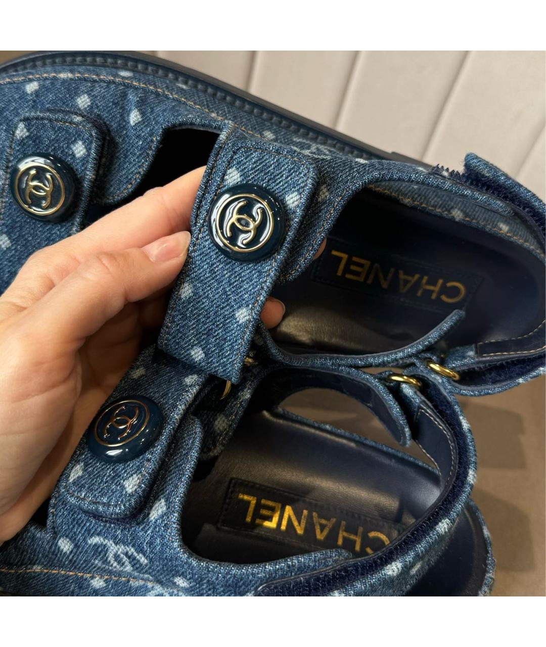 CHANEL PRE-OWNED Темно-синие текстильные сандалии, фото 8