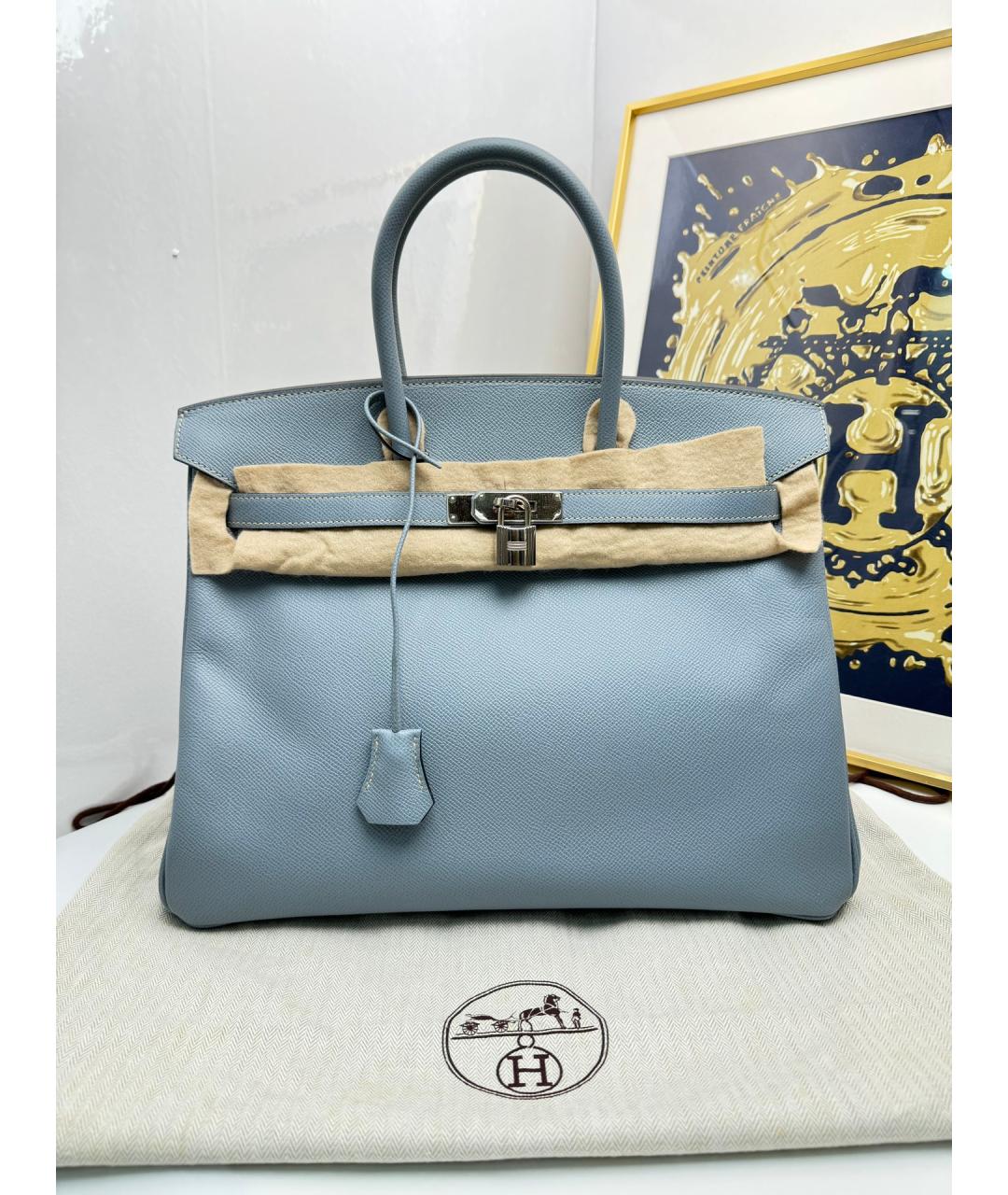 HERMES Голубая кожаная сумка с короткими ручками, фото 7