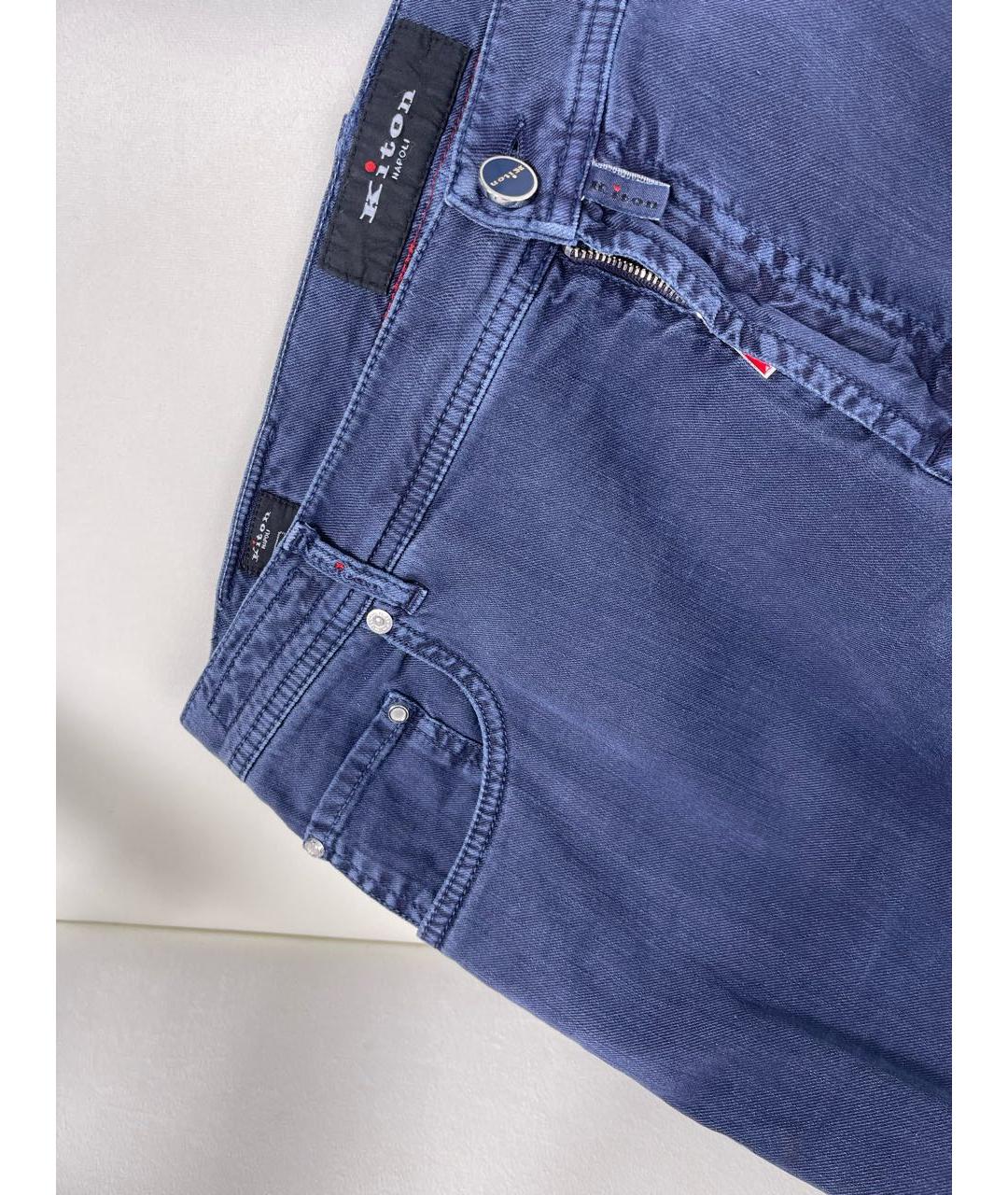 KITON Синие хлопко-леновые прямые джинсы, фото 3