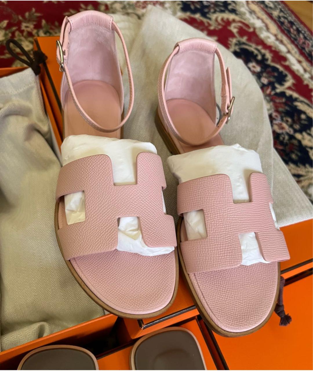 HERMES Розовые кожаные сандалии, фото 6