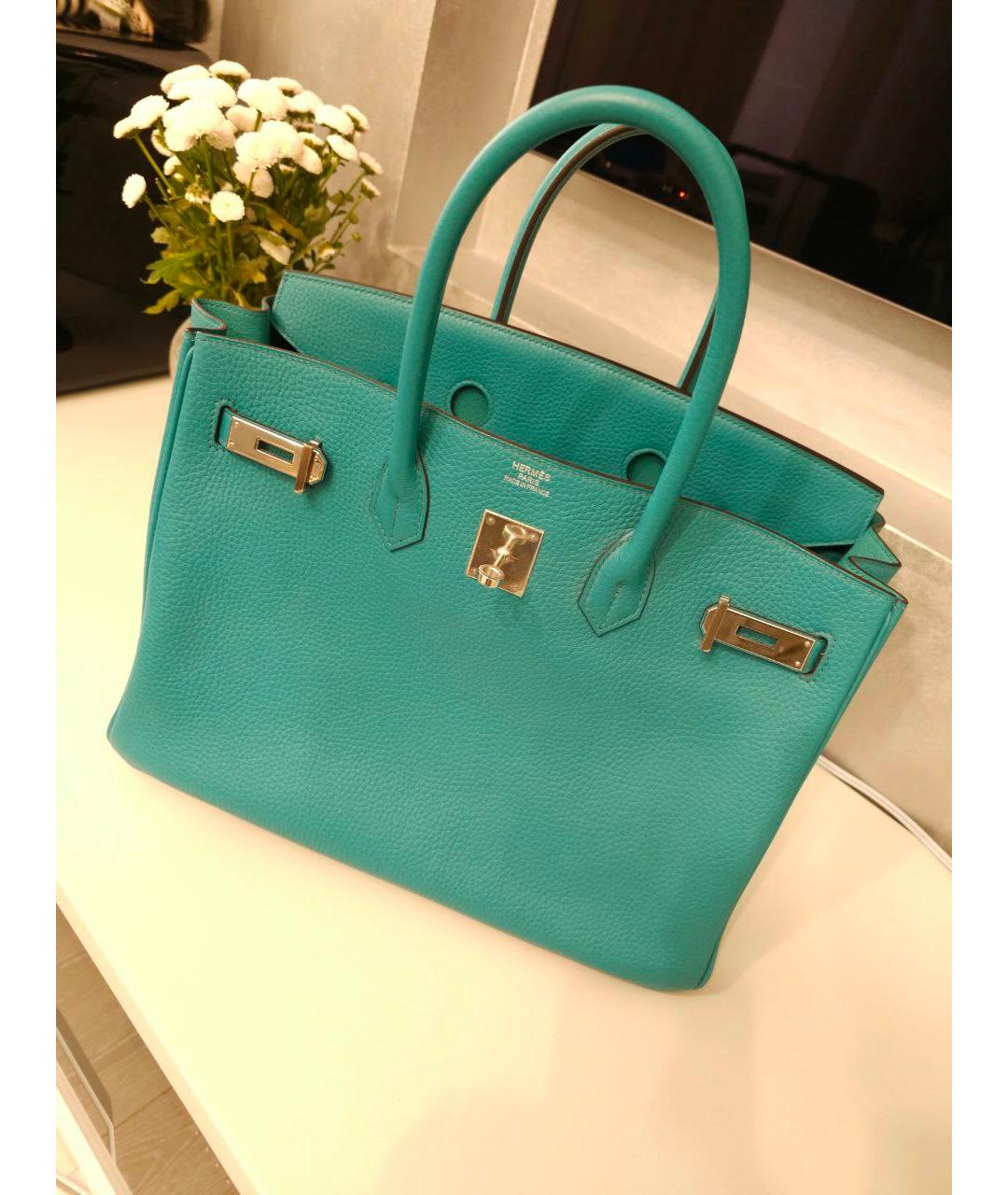 HERMES Бирюзовая кожаная сумка с короткими ручками, фото 4