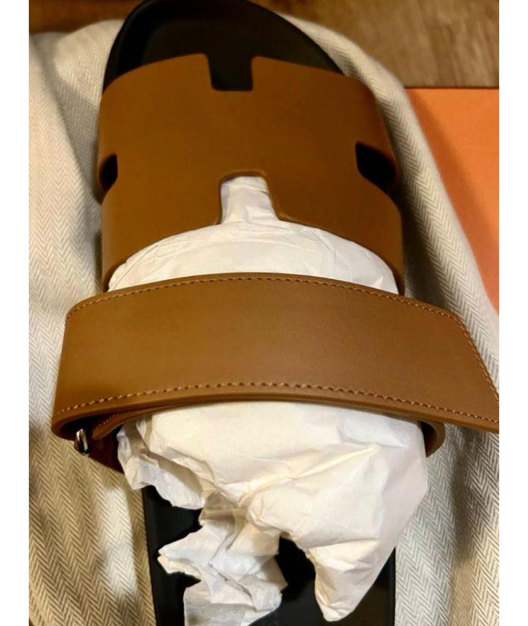 HERMES Коричневые кожаные шлепанцы, фото 5