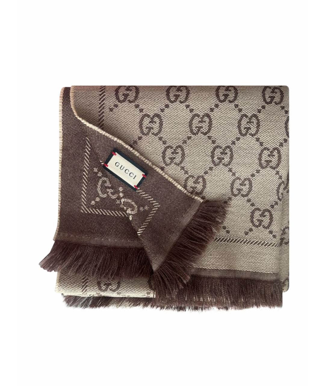 GUCCI Коричневый шерстяной шарф, фото 1
