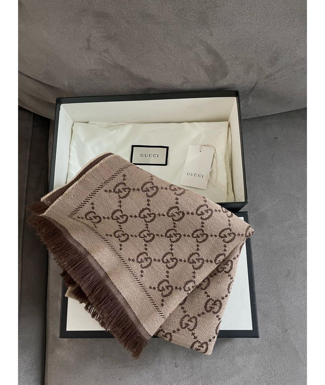 GUCCI Коричневый шерстяной шарф, фото 2