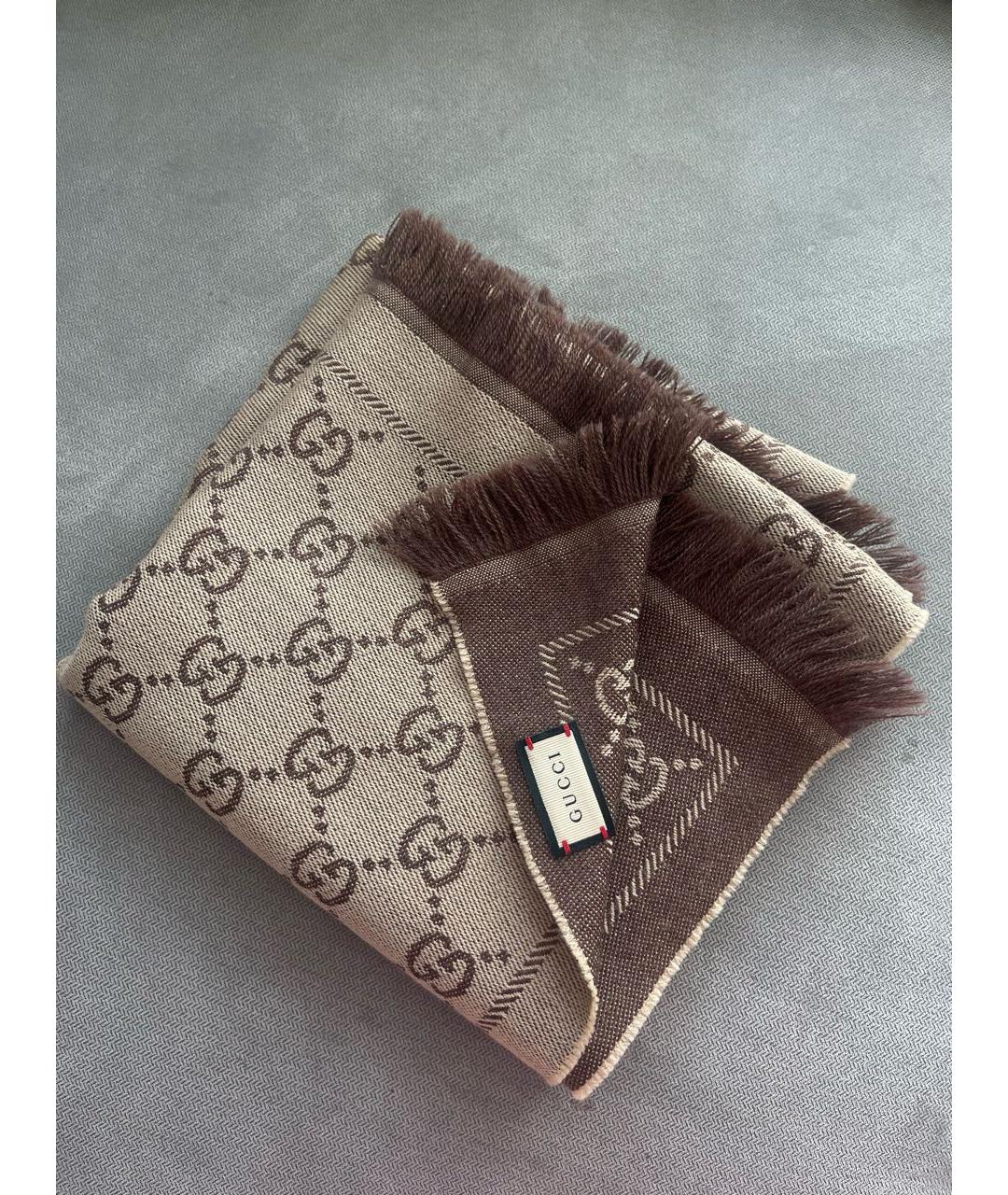 GUCCI Коричневый шерстяной шарф, фото 3
