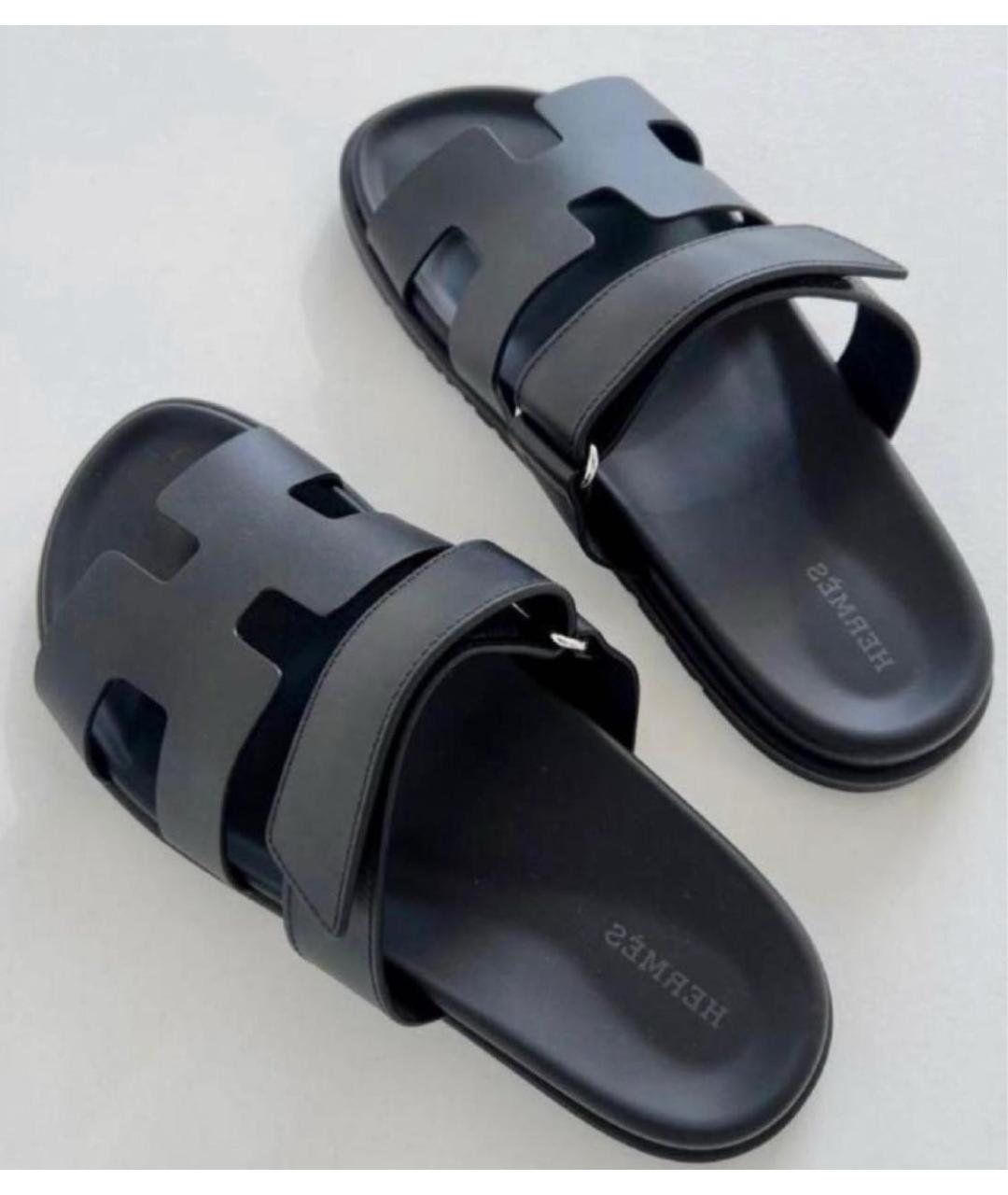 HERMES Черные кожаные шлепанцы, фото 4