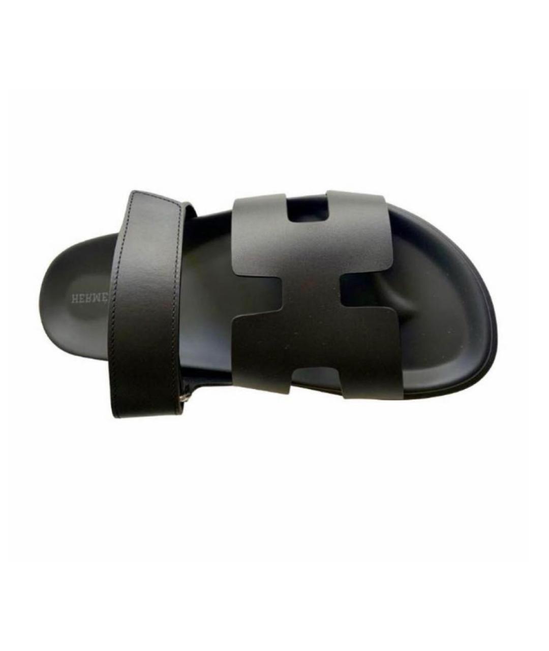 HERMES Черные кожаные шлепанцы, фото 2