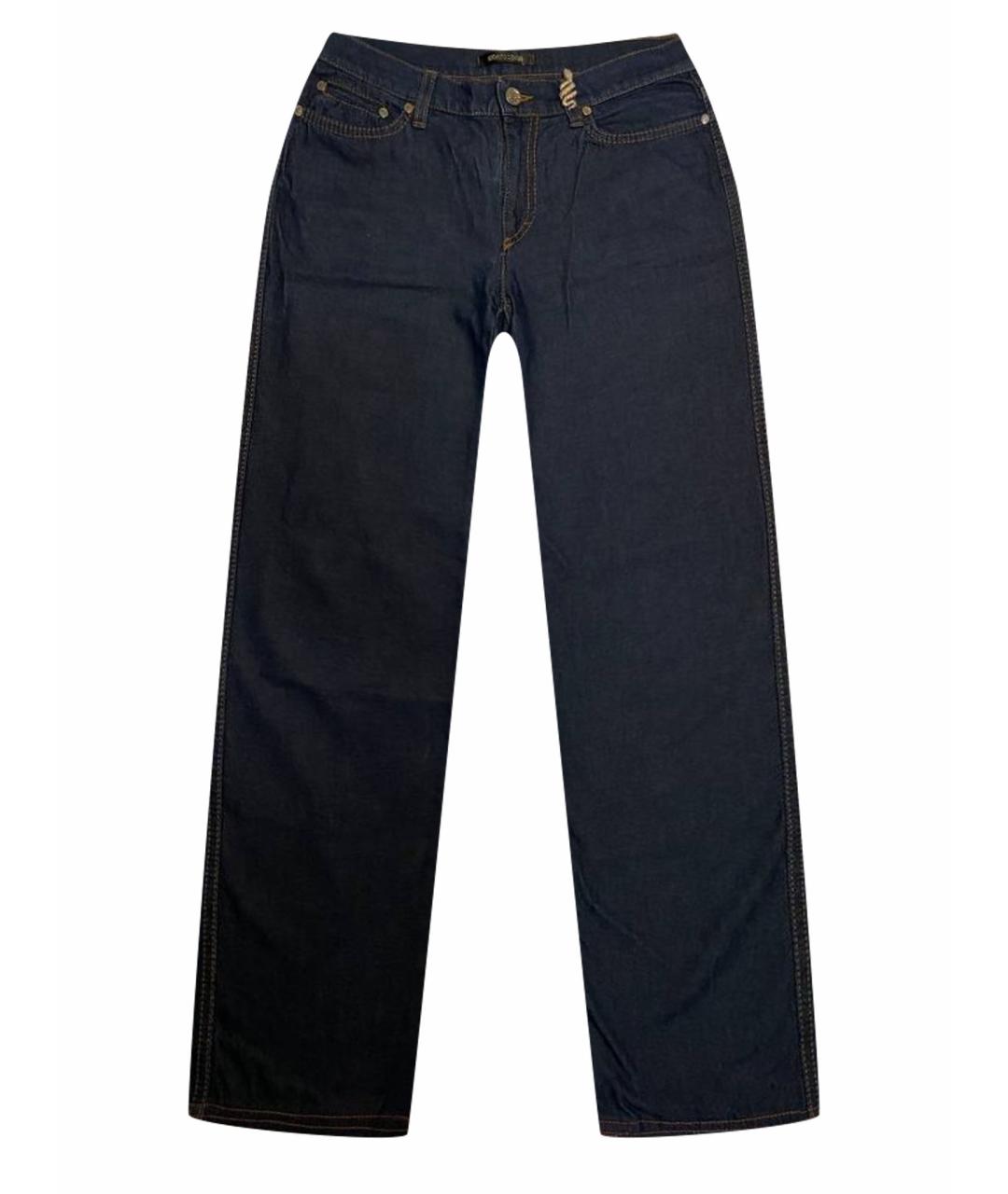 ROBERTO CAVALLI Темно-синие хлопко-эластановые прямые джинсы, фото 1