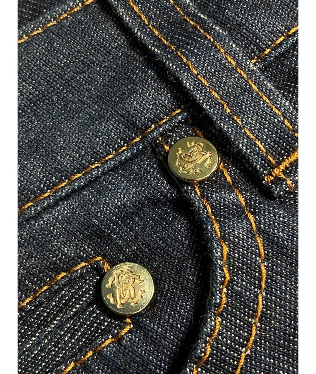 ROBERTO CAVALLI Темно-синие хлопко-эластановые прямые джинсы, фото 8