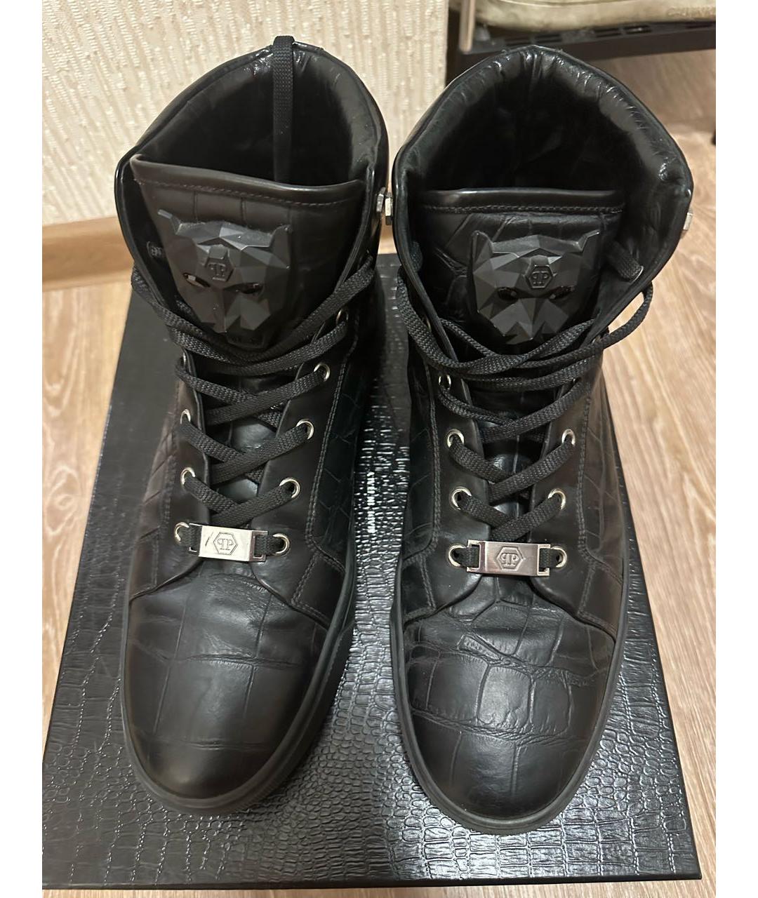 PHILIPP PLEIN Черные кожаные высокие кроссовки / кеды, фото 2
