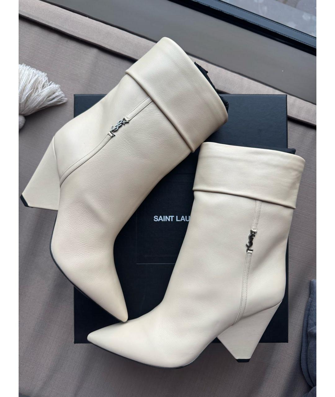 SAINT LAURENT Бежевые кожаные ботильоны, фото 5