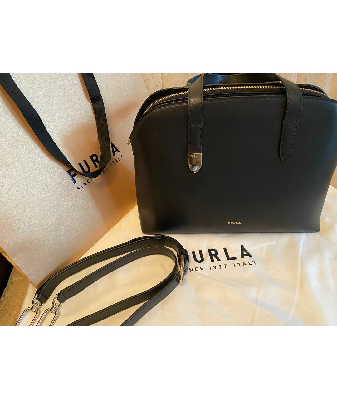 FURLA Черная кожаная сумка тоут, фото 5