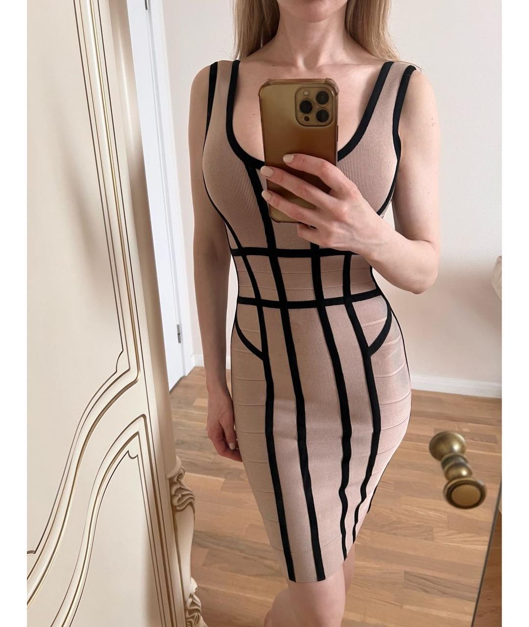 HERVE LEGER Бежевое хлопко-эластановое коктейльное платье, фото 4