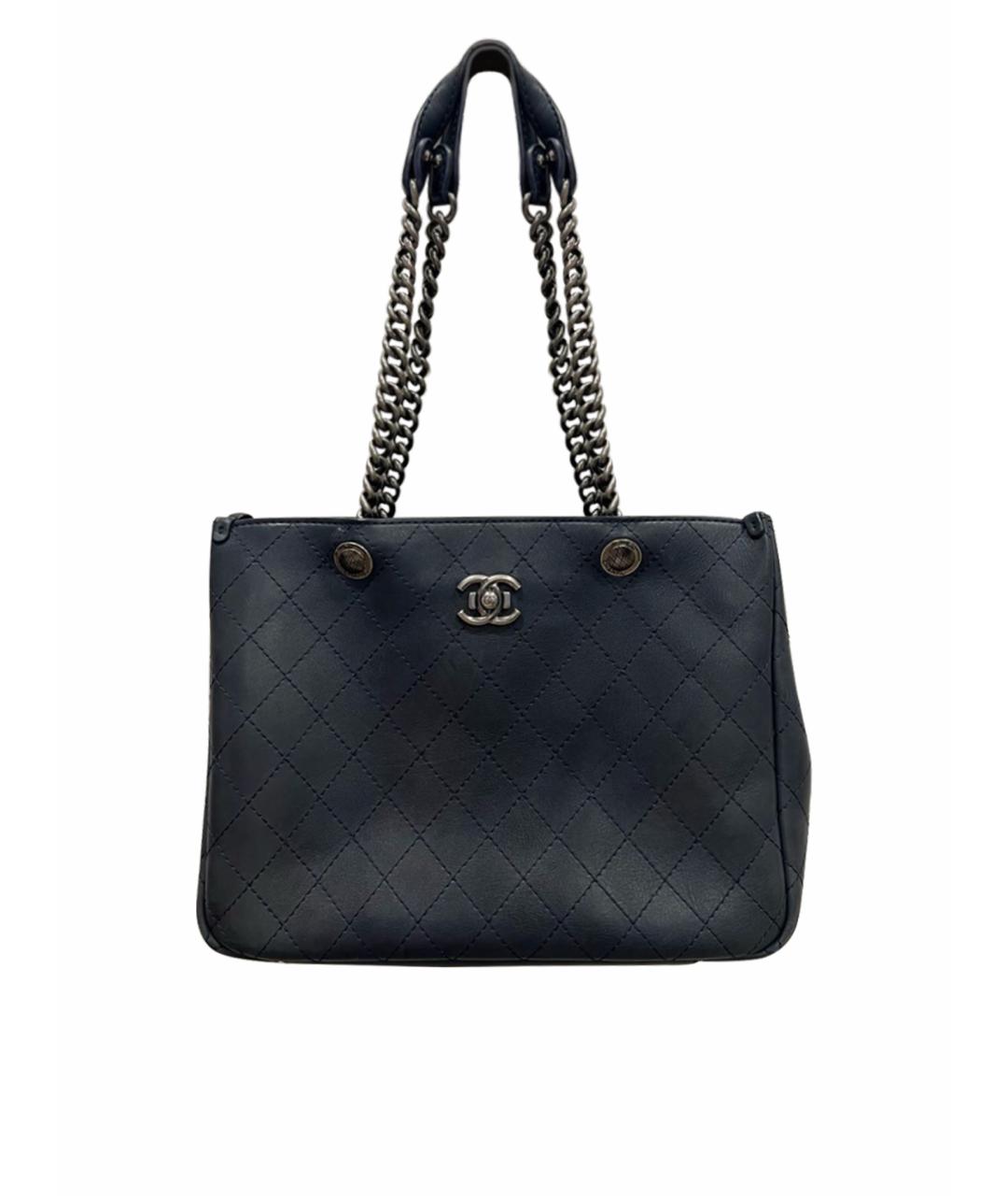 CHANEL PRE-OWNED Темно-синяя кожаная сумка тоут, фото 1