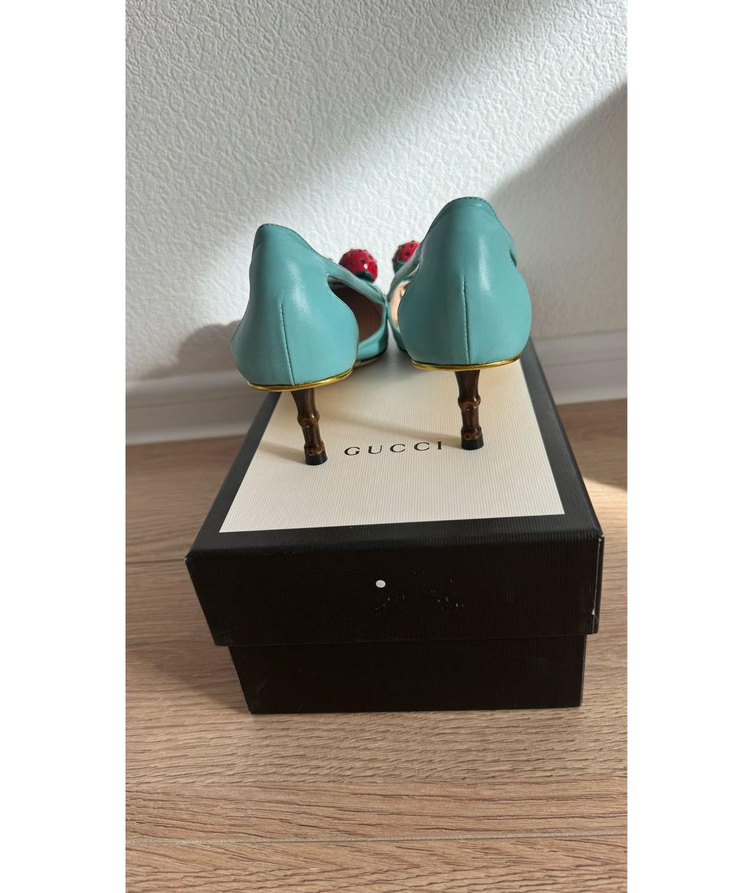 GUCCI Бирюзовые кожаные лодочки на низком каблуке, фото 4