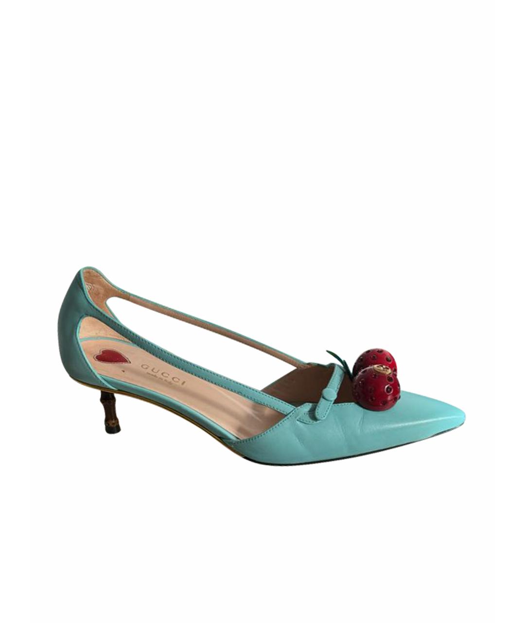 GUCCI Бирюзовые кожаные лодочки на низком каблуке, фото 1