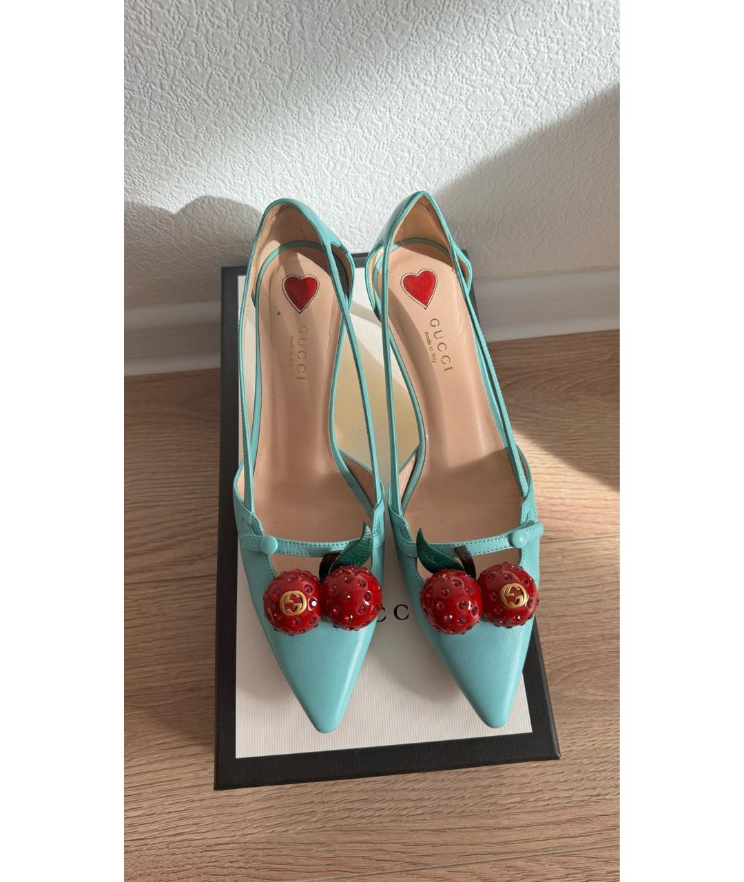 GUCCI Бирюзовые кожаные лодочки на низком каблуке, фото 2