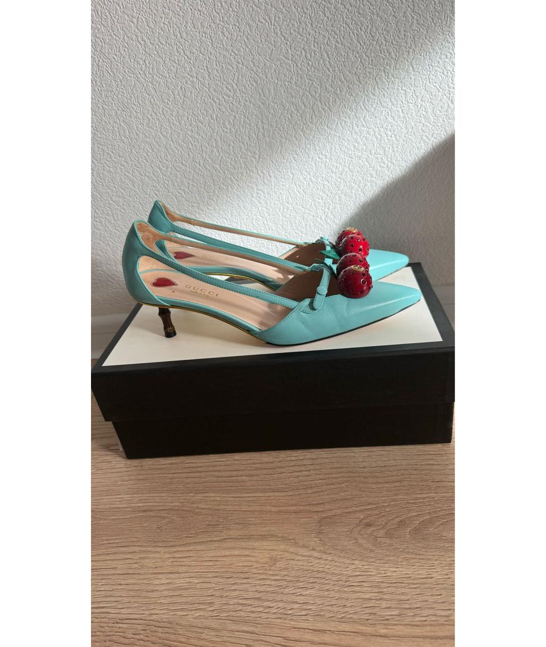 GUCCI Бирюзовые кожаные лодочки на низком каблуке, фото 8