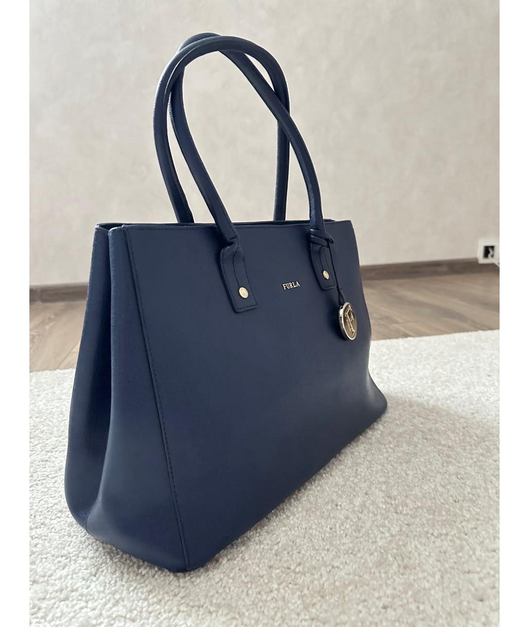 FURLA Темно-синяя кожаная сумка с короткими ручками, фото 2