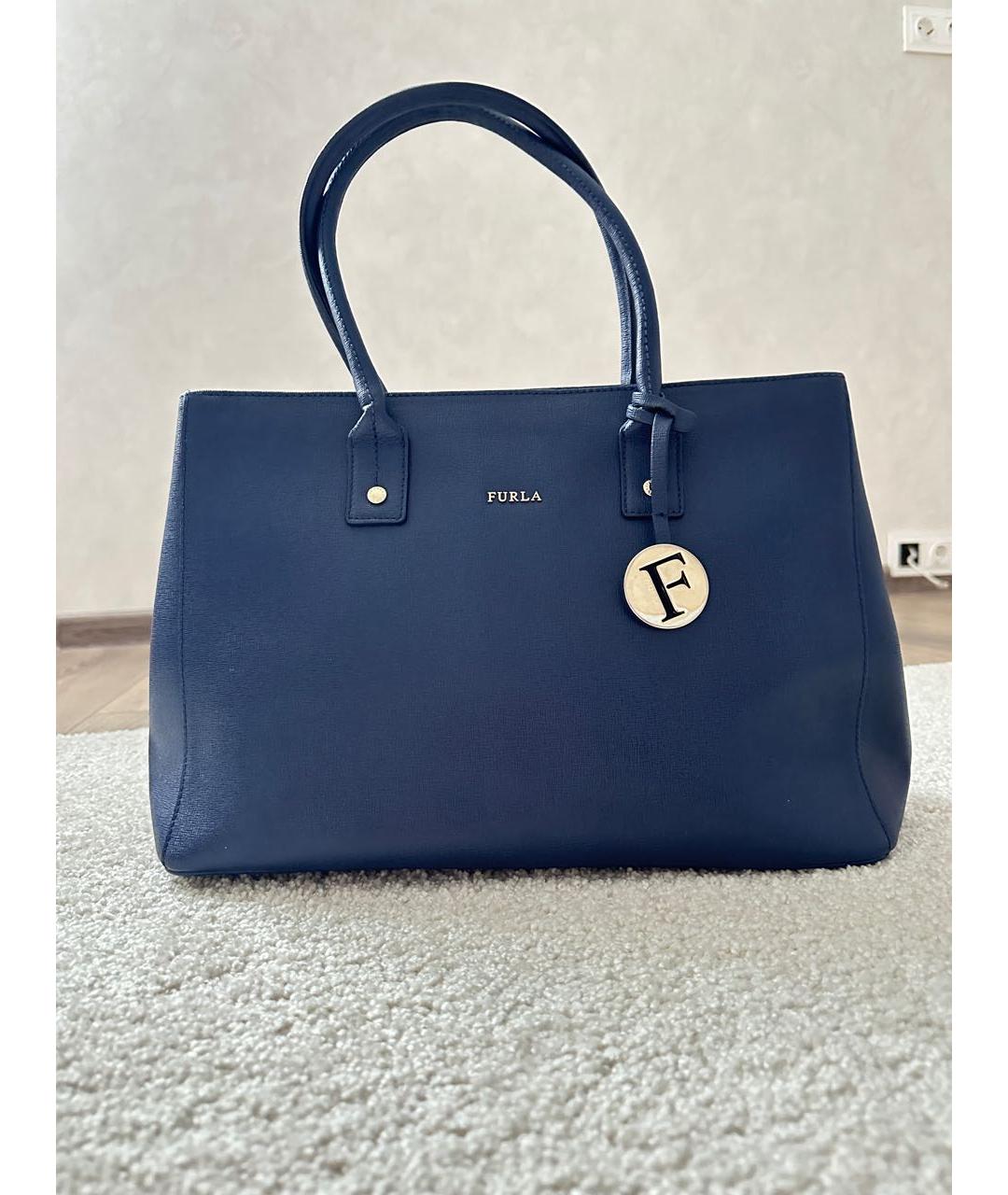FURLA Темно-синяя кожаная сумка с короткими ручками, фото 6