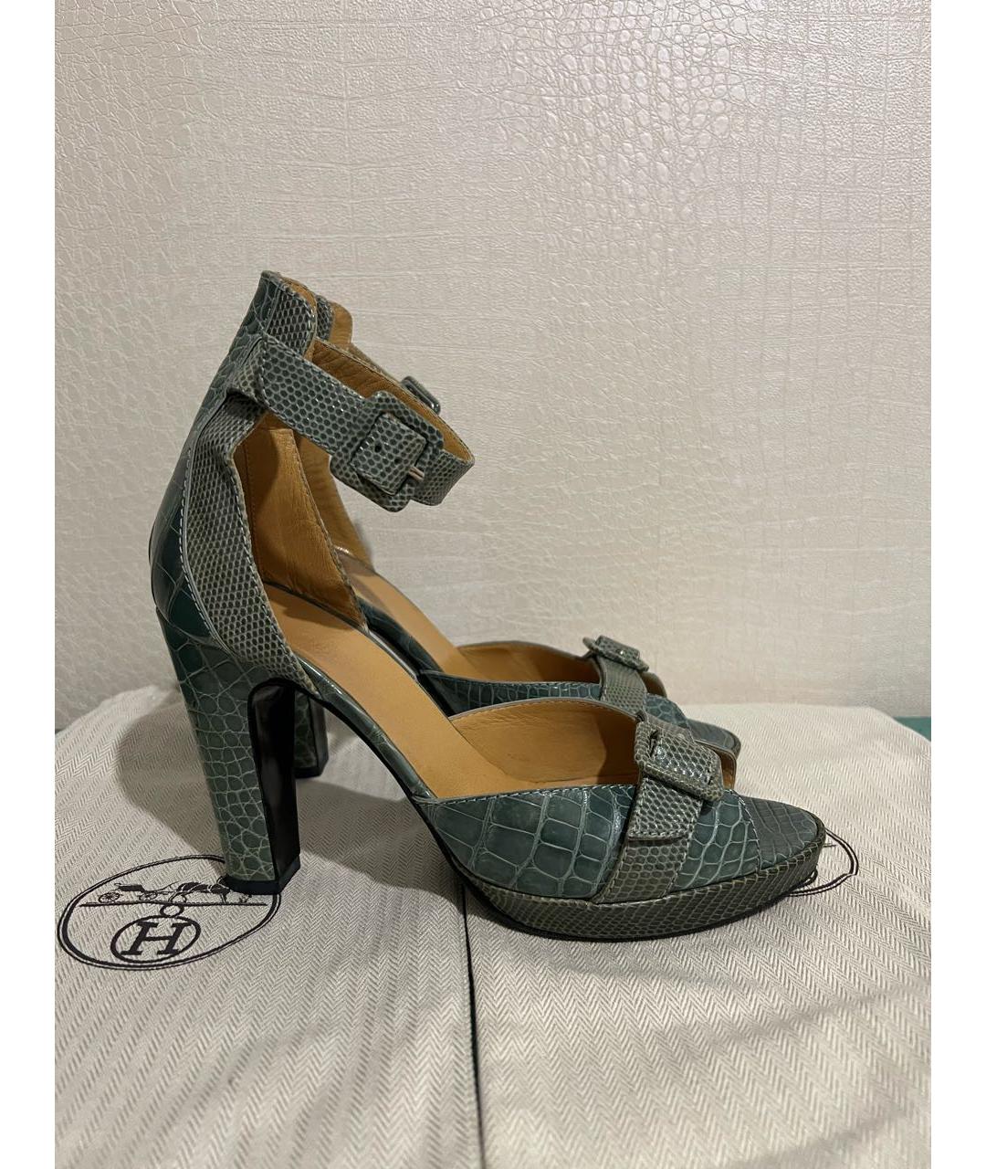 HERMES Зеленые босоножки из экзотической кожи, фото 9