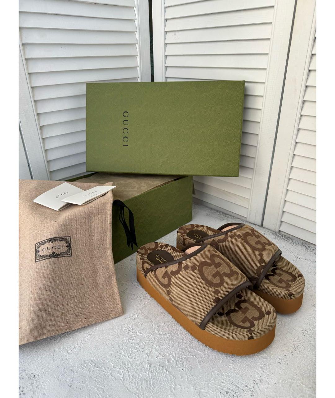 GUCCI Коричневые текстильные шлепанцы, фото 4