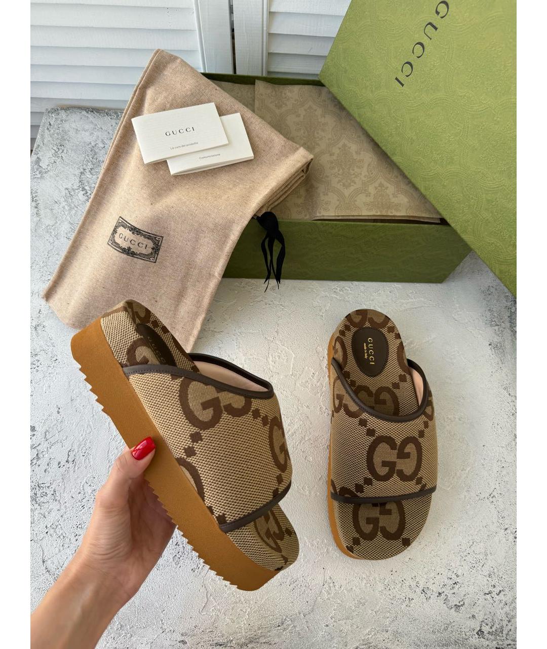 GUCCI Коричневые текстильные шлепанцы, фото 3