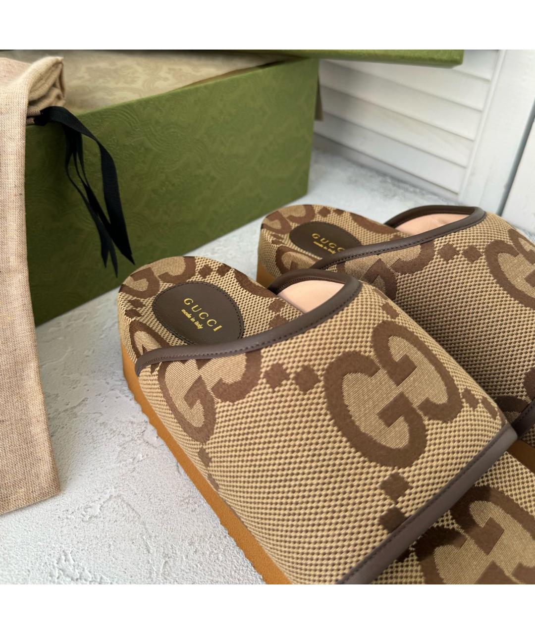 GUCCI Коричневые текстильные шлепанцы, фото 5