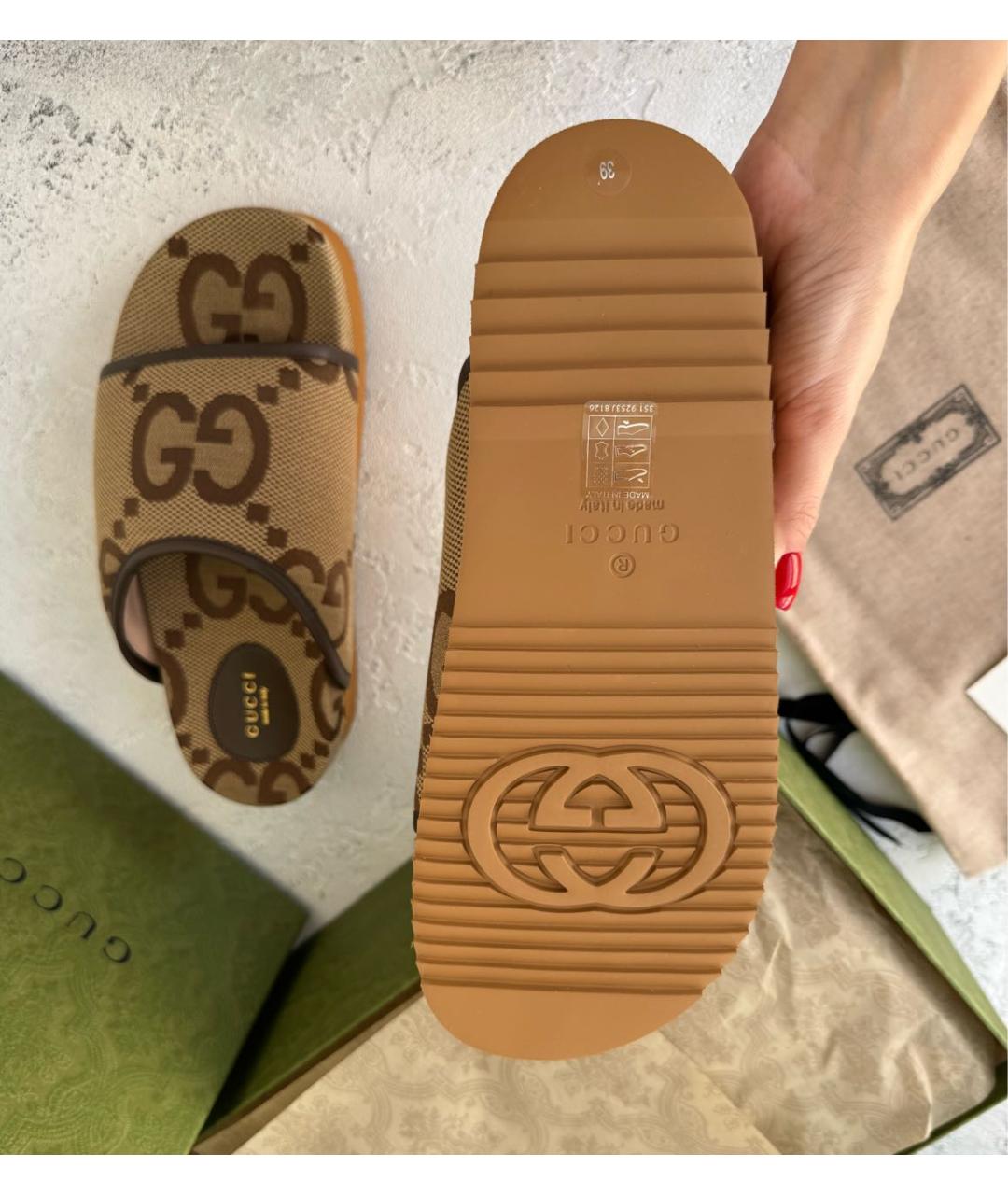 GUCCI Коричневые текстильные шлепанцы, фото 6