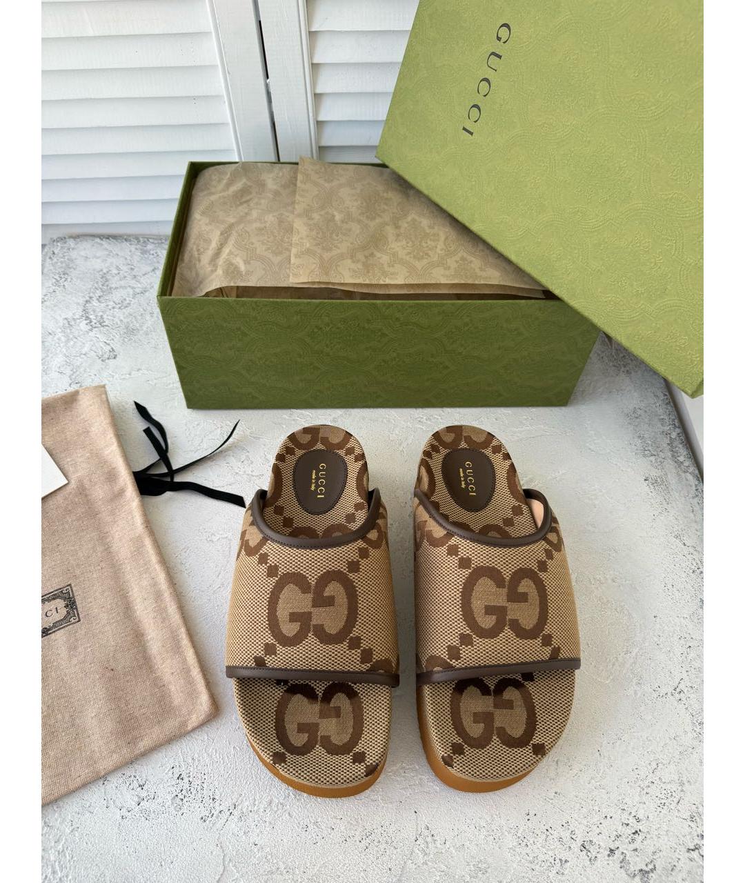 GUCCI Коричневые текстильные шлепанцы, фото 2