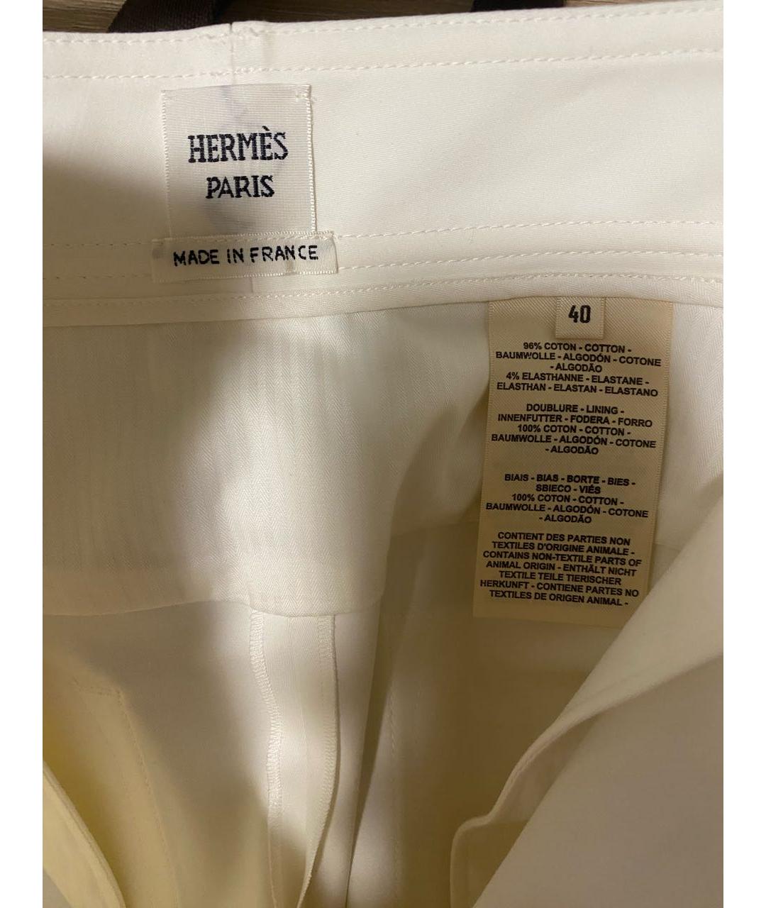 HERMES Белые хлопко-эластановые прямые брюки, фото 3
