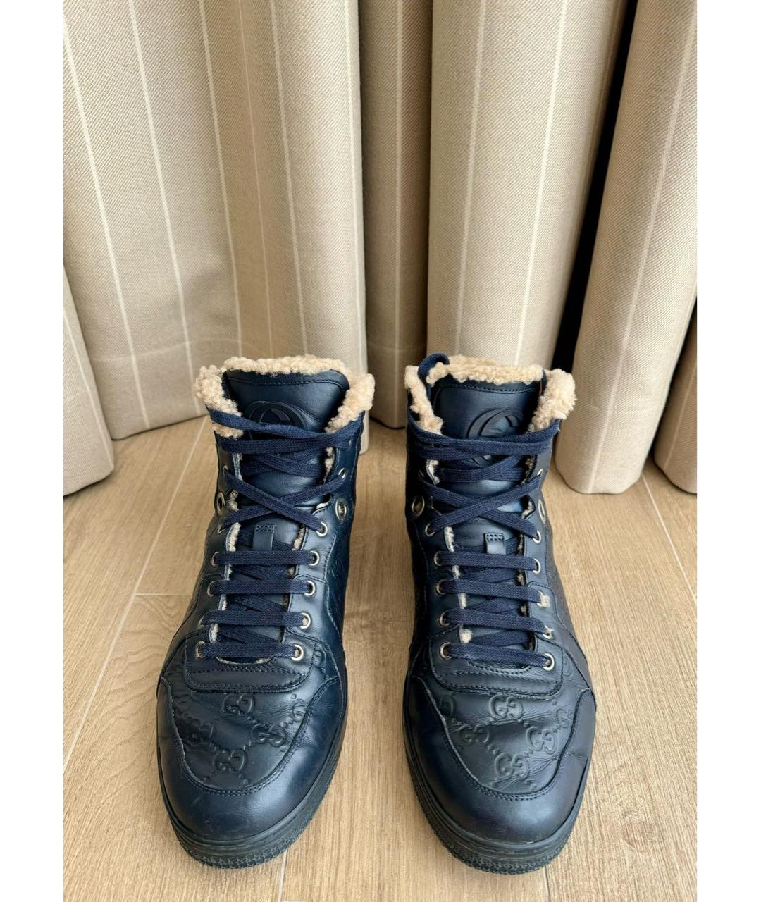 GUCCI Темно-синие кожаные высокие кроссовки / кеды, фото 2
