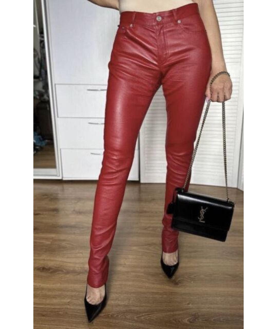 SAINT LAURENT Бордовые кожаные брюки узкие, фото 2