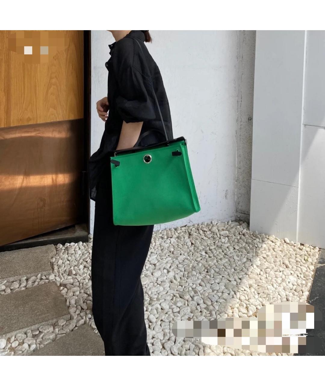 HERMES PRE-OWNED Зеленая деним сумка с короткими ручками, фото 8